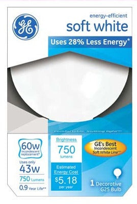 GE G E Lighting 60109 43W G25 Halogen Globe Bulb White 3 Pack