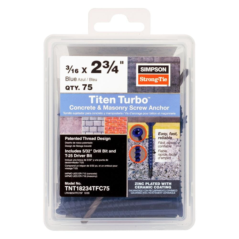 SIMPSON STRONG-TIE Simpson Strong-Tie TNT18234TFC75 Titen Turbo 3/16 in. x 2-3/4 in. Flat Head 75-Pack TNT18234TFC75