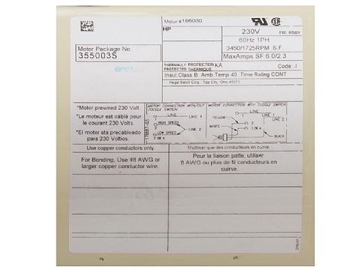 Pentair 355003S 3/4 HP Square Flange Motor 230V Almond