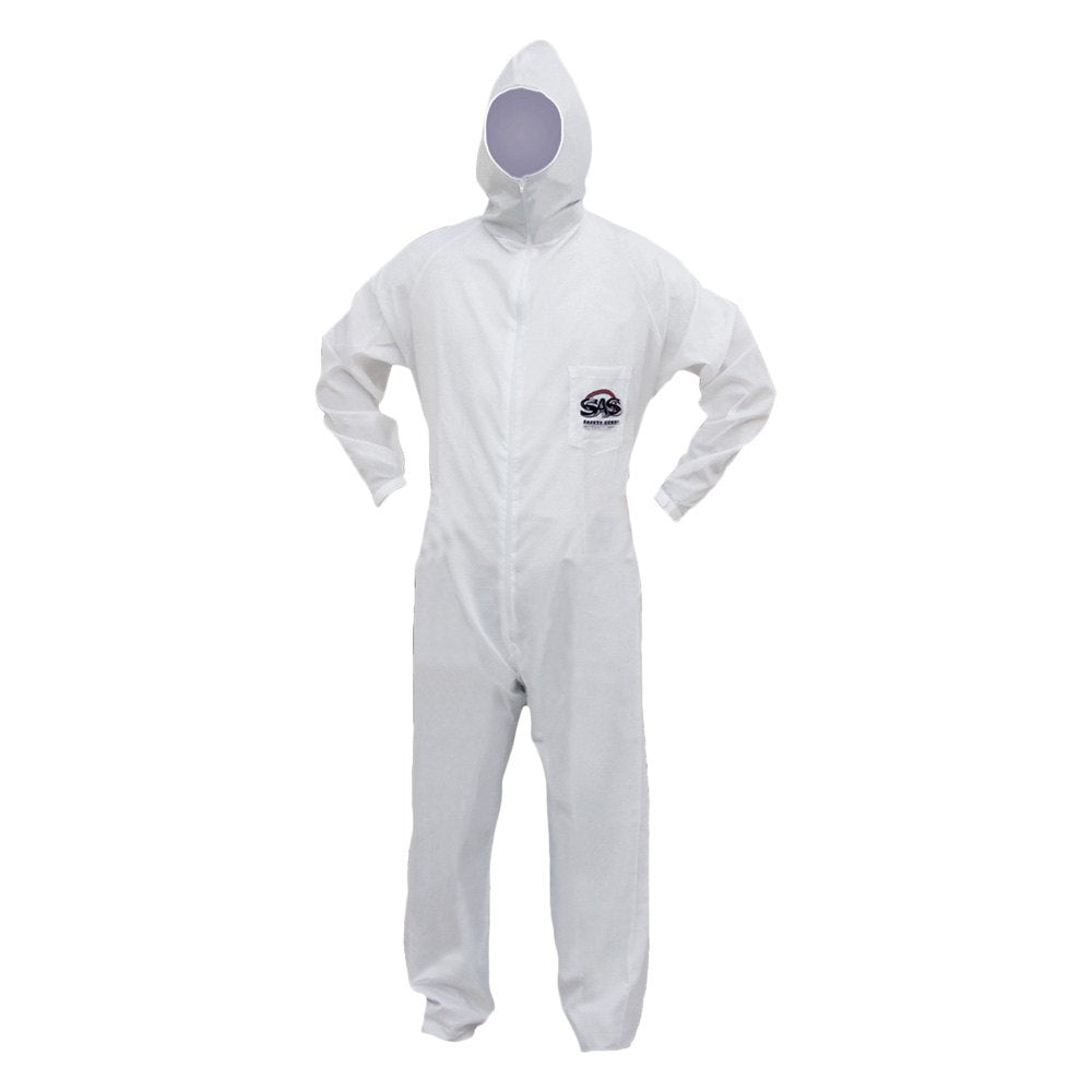 SAS Safety 6938 Moonsuit Coverall Large Hooded White Blue Nylon Poly Cotton