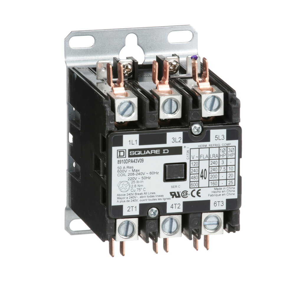 Square D 8910DPA43V09 208 to 240 VAC 40 Amp 3-Pole 3NO Non-Reversing Definite Purpose Contactor