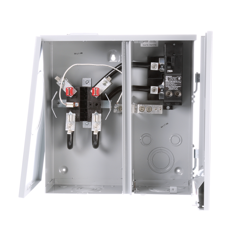 Siemens MM0202B1200RJB Combination Meter / Main, 120/240 VAC 1-Phase 3-Wire, 200A Meter Socket / 200A Main, 2-Circuit 22kA, 5-Jaw, Horn Bypass, Ringless Cover, NEMA 3R