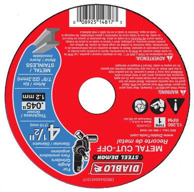 DIABLO Diablo DBDS45045101F Steel Demon metal cut-off disc 4-1/2 in x 0.045 in x 7/8 in pack 1