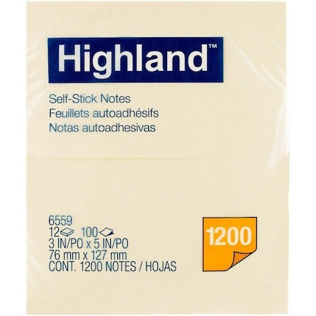 3M 3M MMM6559YW Self-Sticking Note Plain (3 x 5, 12/Pack)