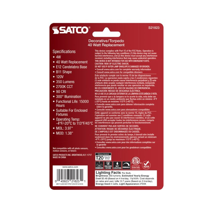 SATCO-NUVO Satco-Nuvo S21823 B11 LED Frosted Candelabra E12 4W (2-Pack)