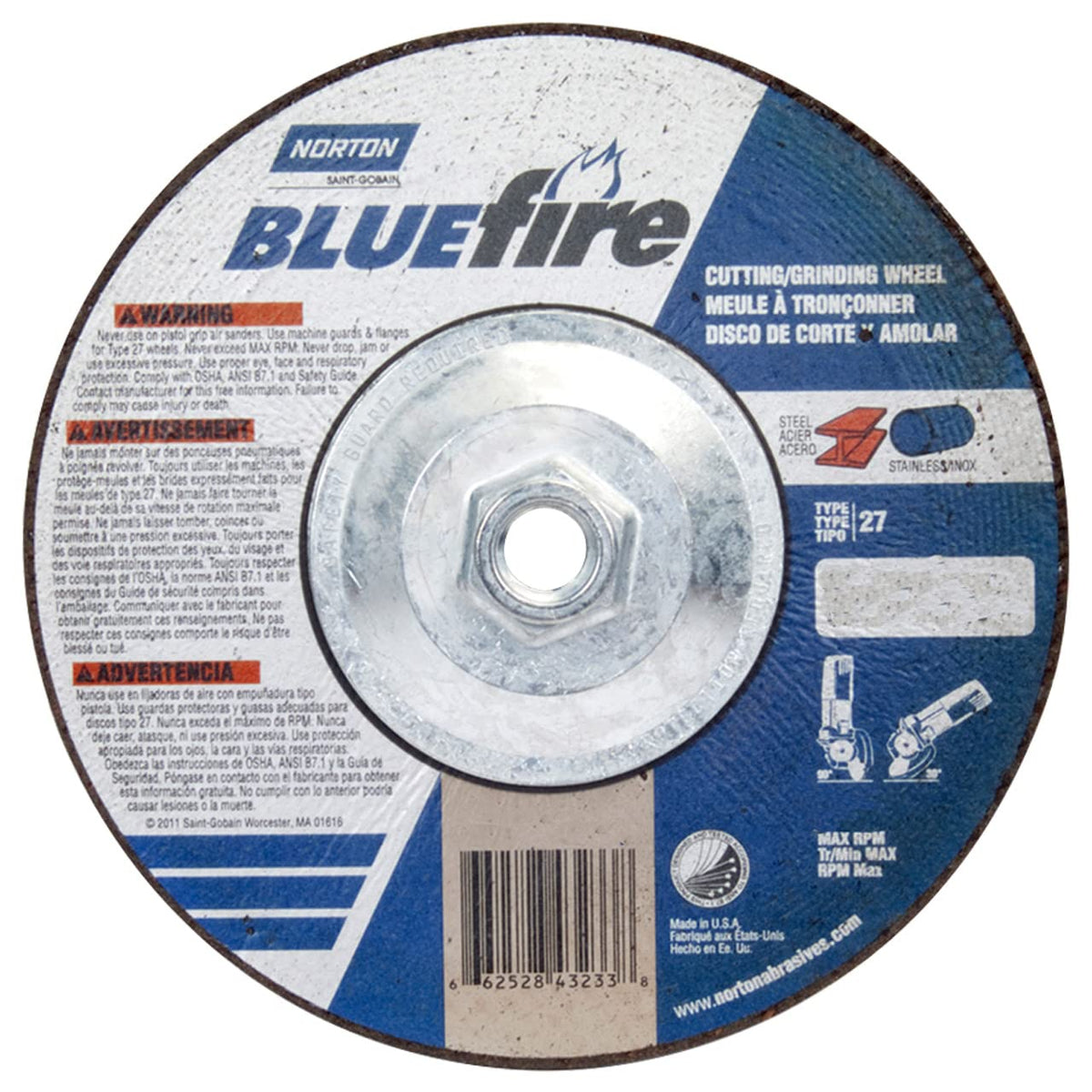 Norton 66252843233 Bluefire Type 27 Depressed Center Wheel 7 in x 1/8 x 5/8-11 24 Grit Zirconia Alumina 10 pack