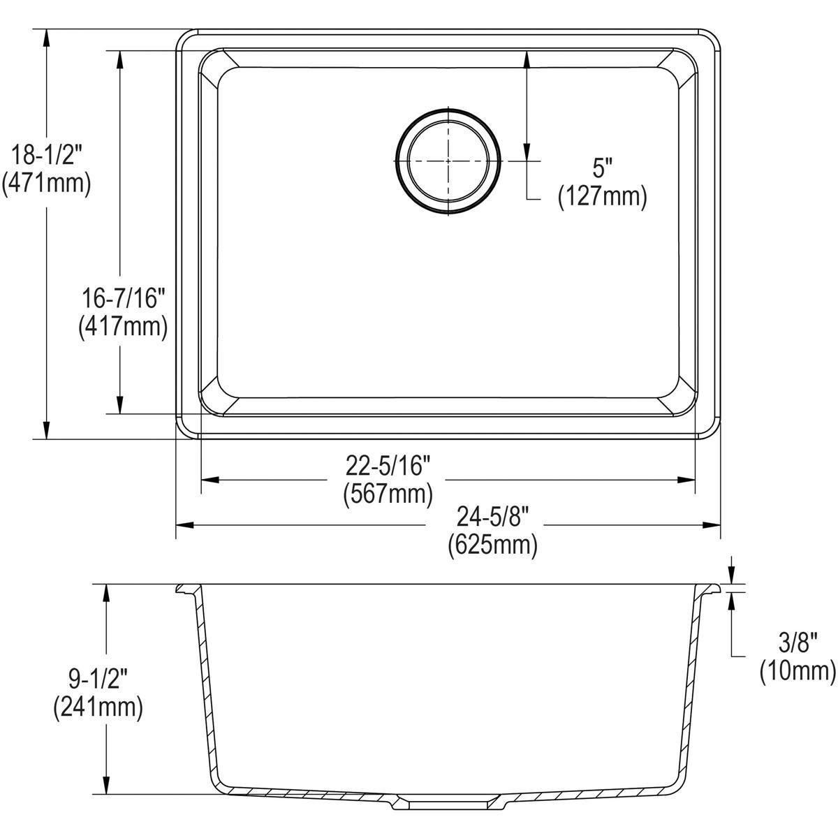 Elkay ELGU2522GS0 Quartz Classic 24-5/8 x 18-1/2 x 9-1/2 Single Bowl Undermount Sink Greystone