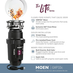 Moen GXP33C Lite Series PRO 1/3 HP Compact Continuous Feed Garbage Disposal for Kitchen Sink, Power Cord Included