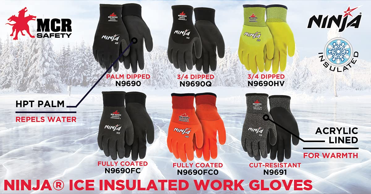 MCR Safety N9690FCM Ninja Ice Insulated Work Gloves 15 Gauge Black Nylon with Acrylic Terry Interior, HPT Coated, Medium, 1 Pair