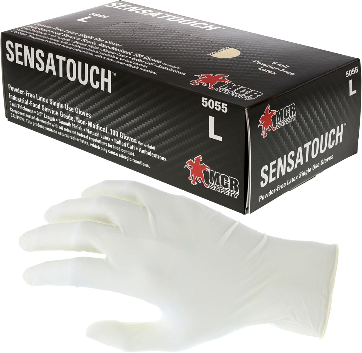 MCR Safety 5055L SensaGuard Industrial Grade Latex Double Chlorinated Powder Free Disposable Gloves, Natural, Large Pack of 100