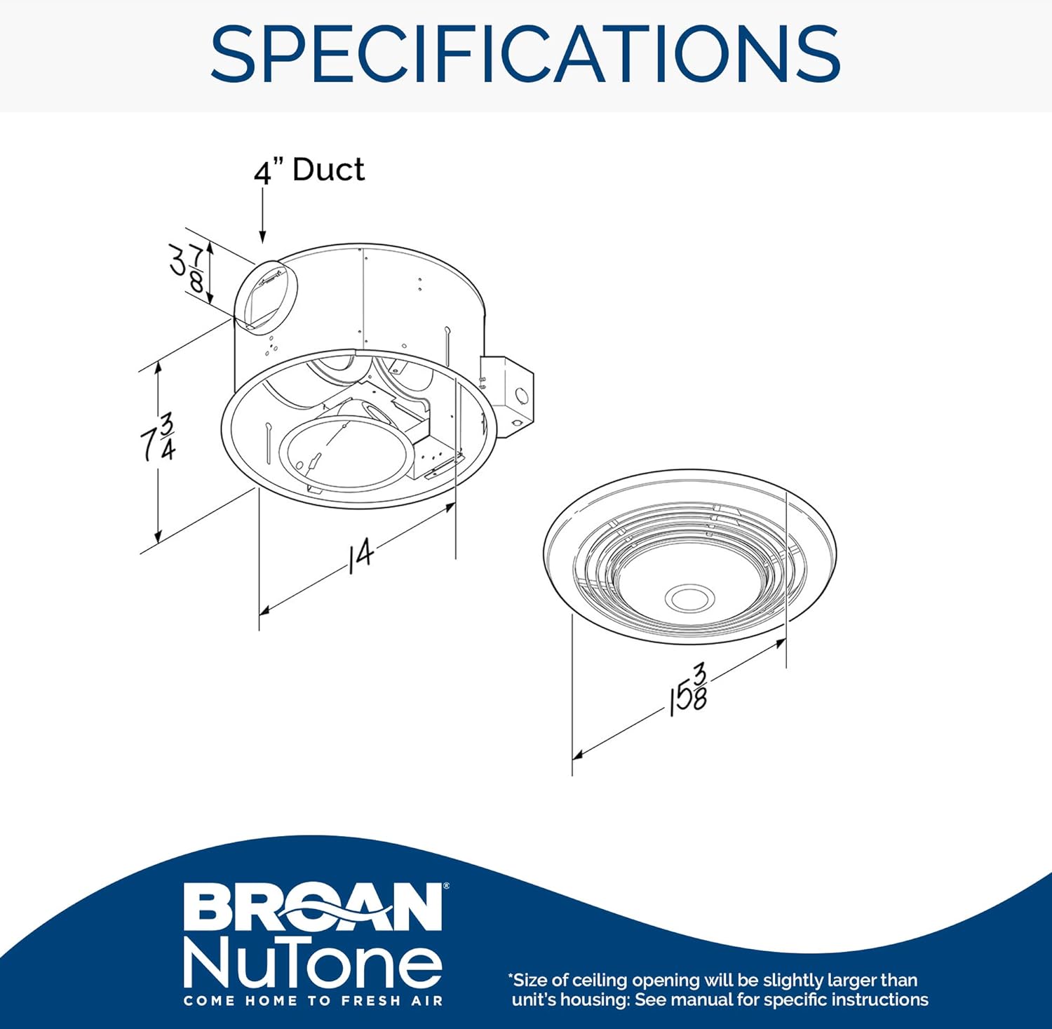 Broan-NuTone 9093WH Exhaust Fan Heater Light Combo Bathroom Ceiling Heater 1500-Watts 70 CFM Replacement 9093WH