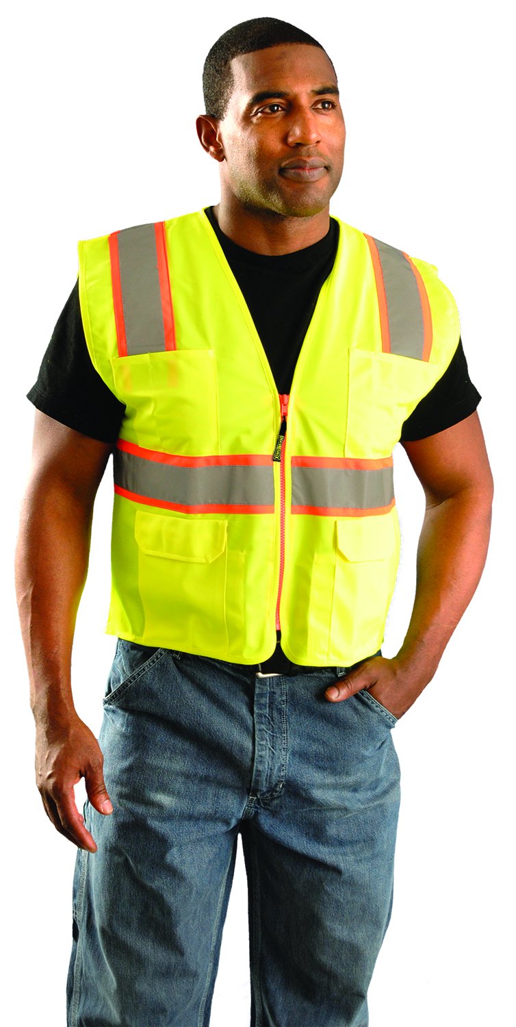 OccuNomix LUX-ATRNSM-YM High Visibility Classic Mesh Two-Tone Zipper Surveyor Safety Vest Class 2 100% ANSI Polyester Tricot Front and Mesh Back