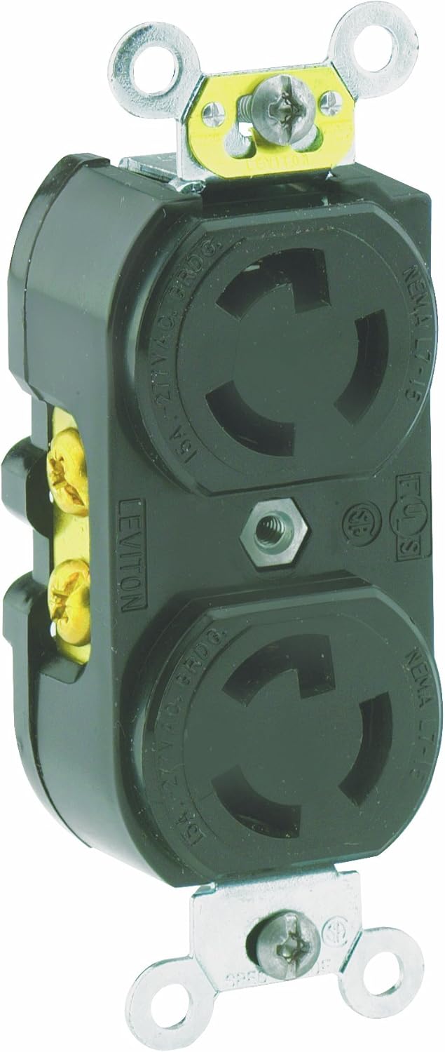 Leviton 4750 15 Amp, 277 Volt, Duplex Locking Receptacle, Industrial Grade, Grounding, Black