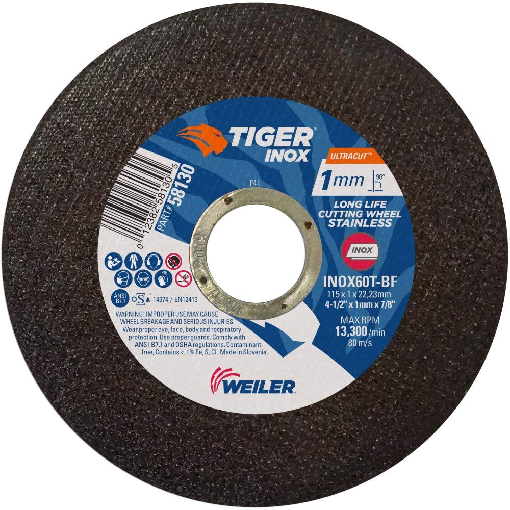 Weiler 58130 4-1/2 Inch Cutting Wheel Tiger INOX Stainless Steel Ultracut 1 mm Contaminant-Free Pack of 50