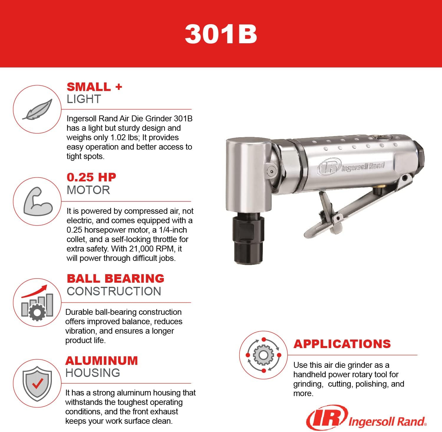 Ingersoll Rand 301B Air Angle Die Grinder 0.25 HP 21000 RPM 90 PSI