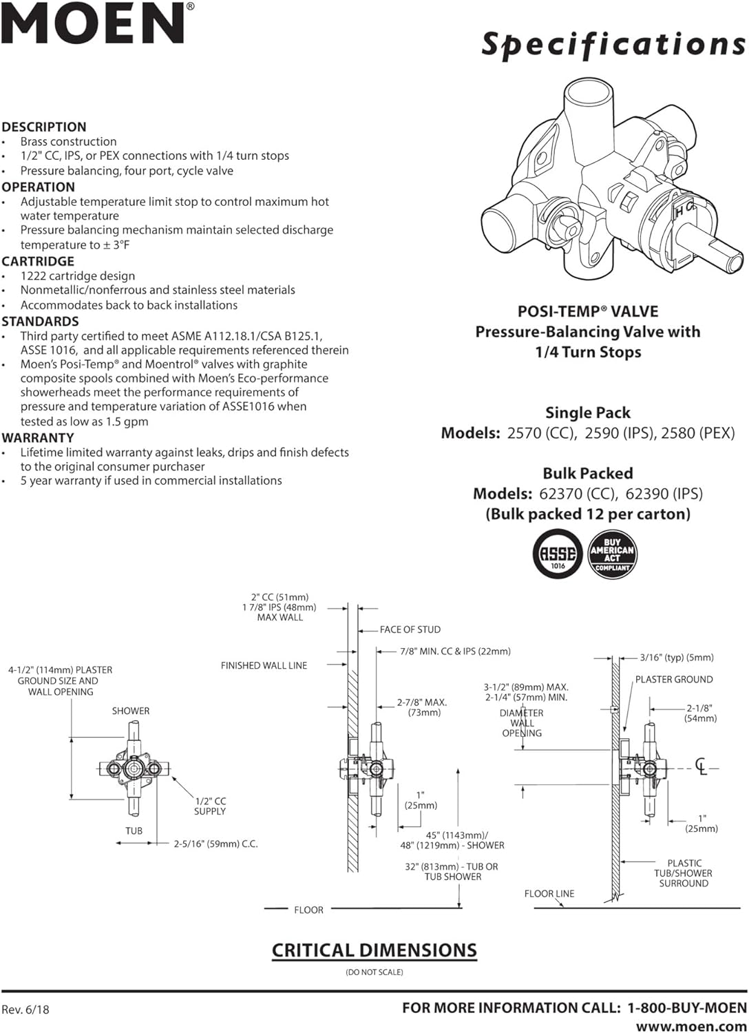 MOEN 2590 Posi-Temp Pressure Balancing Valve 0.5 Inch IPS Connection Replacement 2590