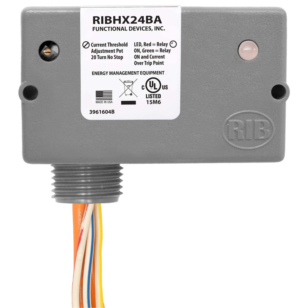 Functional Devices RIBHX24BA Enclosed Relay and Current Sensor, 20 Amp SPST-N/O, Adjustable, 24 Vac/dc Coil