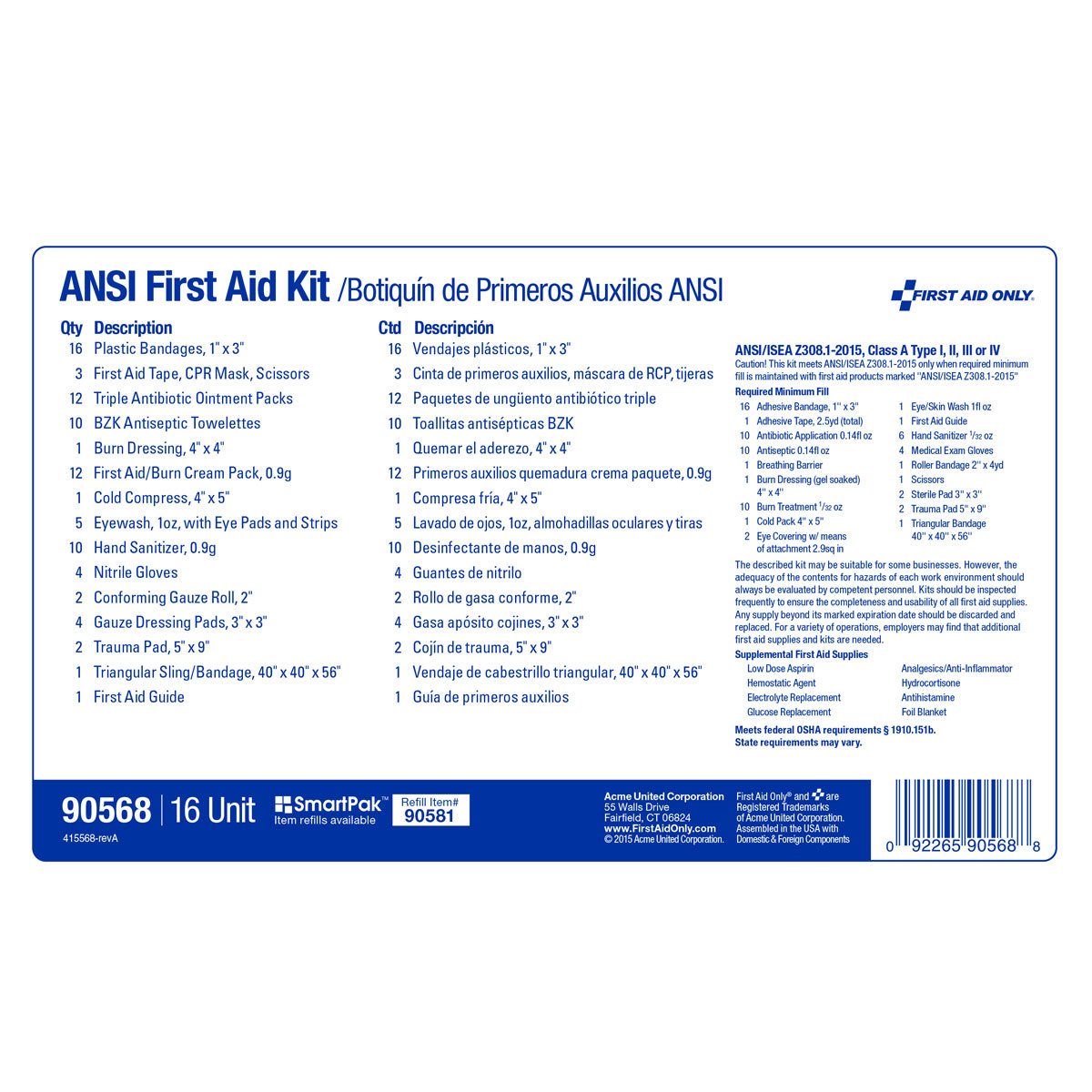 First Aid Only 90568 Unitized ANSI Compliant Class A Type III First Aid Kit 25 Person 16 Unit