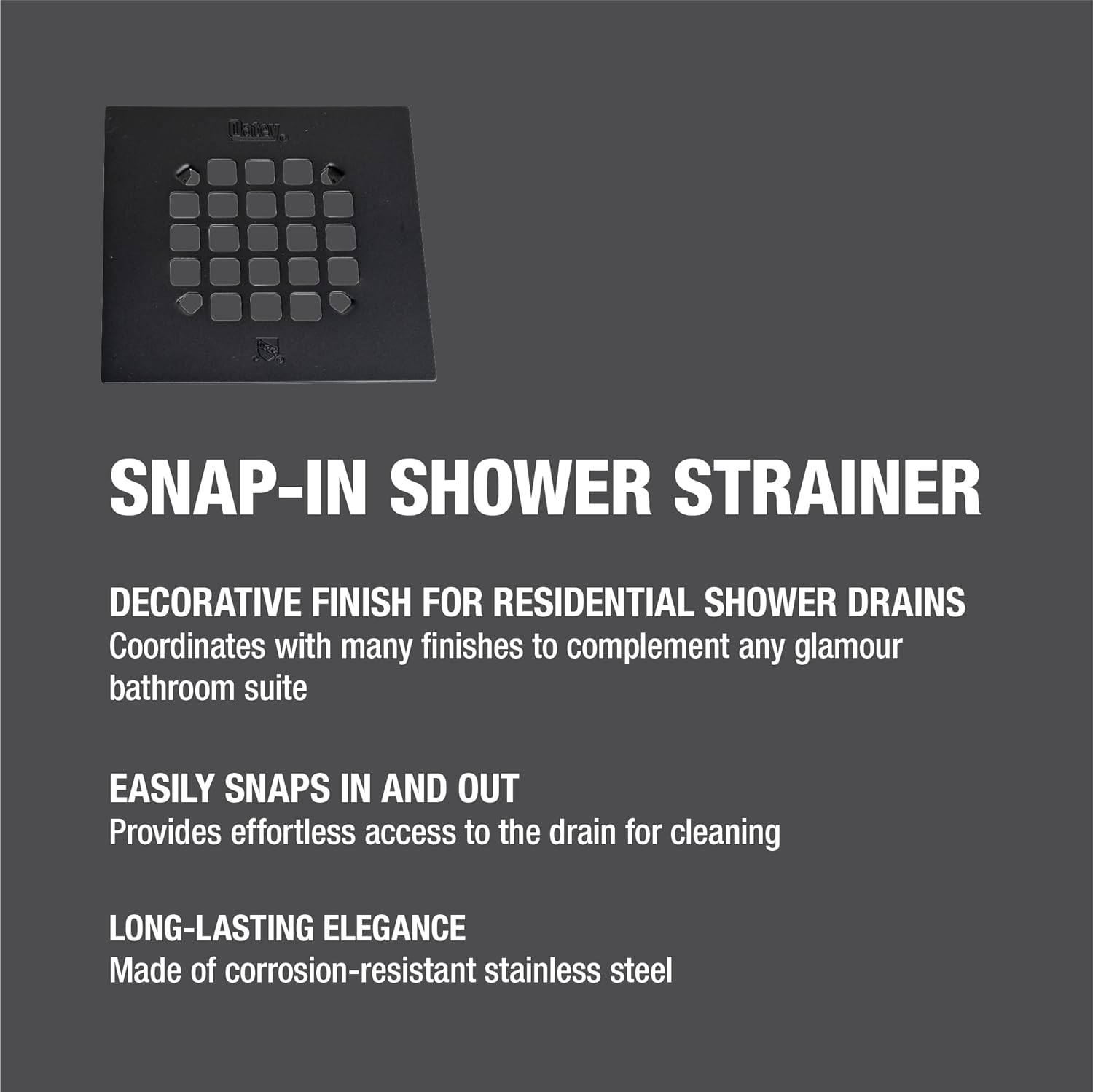 Oatey 42423 Universal 4-1/4 in. Square Snap-Tite Shower Strainer, Matte Black