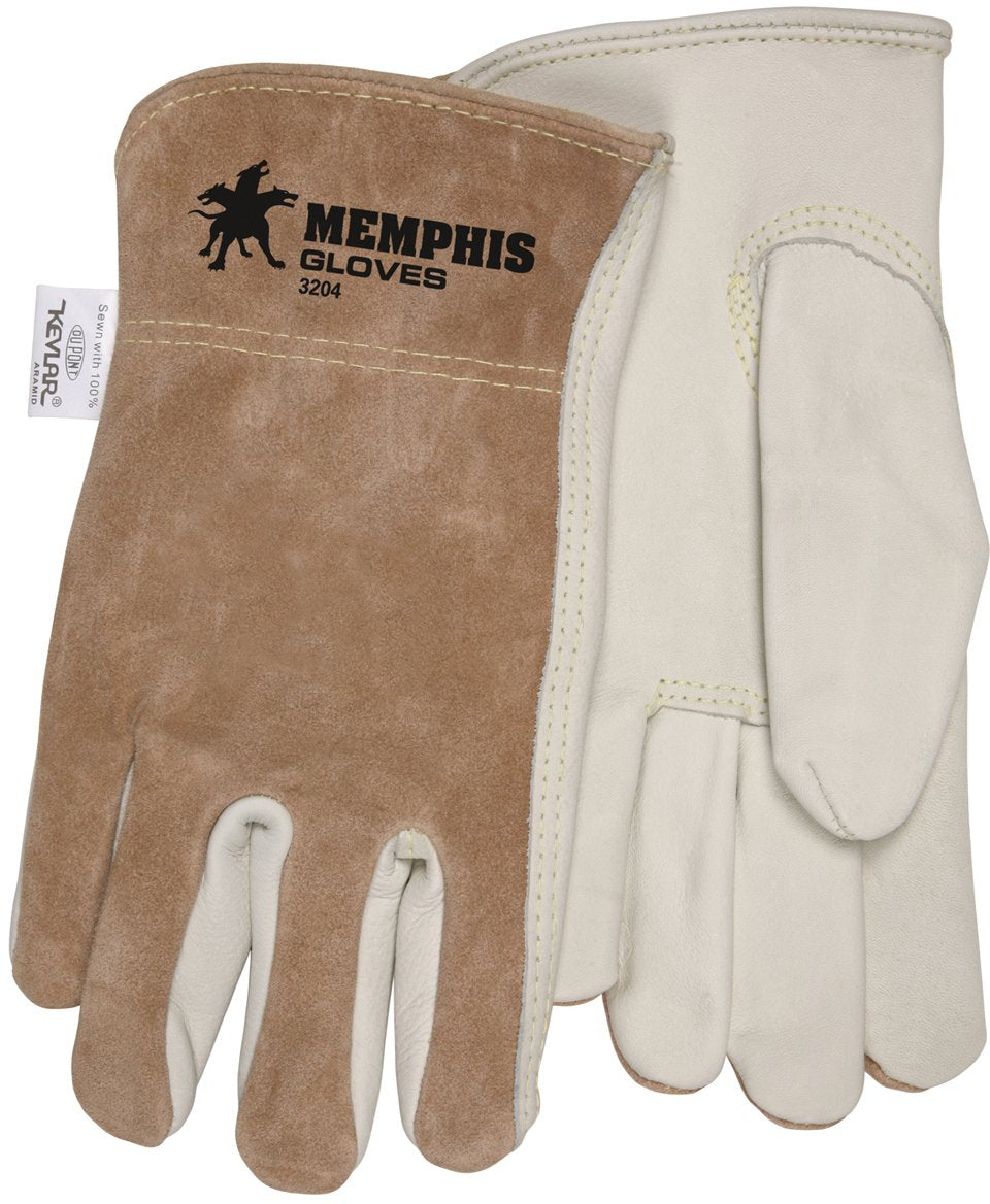 MCR Safety 3204KXL Grain Cow Full Leather Driver Select Grade Gloves with Kevlar Liner, Cream/Brown, X-Large, 1-Pair