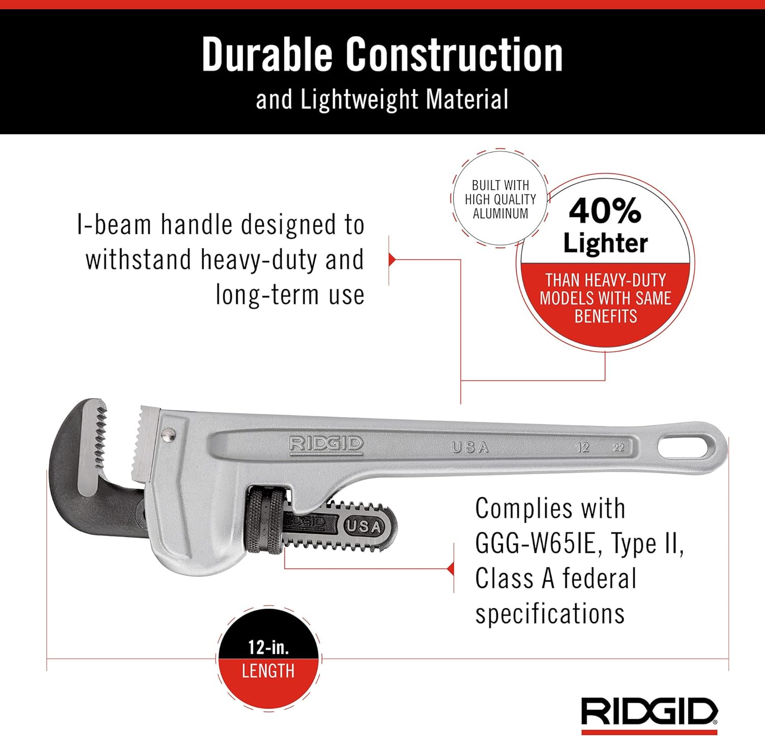 Ridgid 47057 Aluminum Straight Pipe Wrench 12 Inch