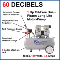 California Air Tools 8010 Steel Tank Air Compressor | Ultra Quiet, Oil-Free, 1.0 hp, 8 gal