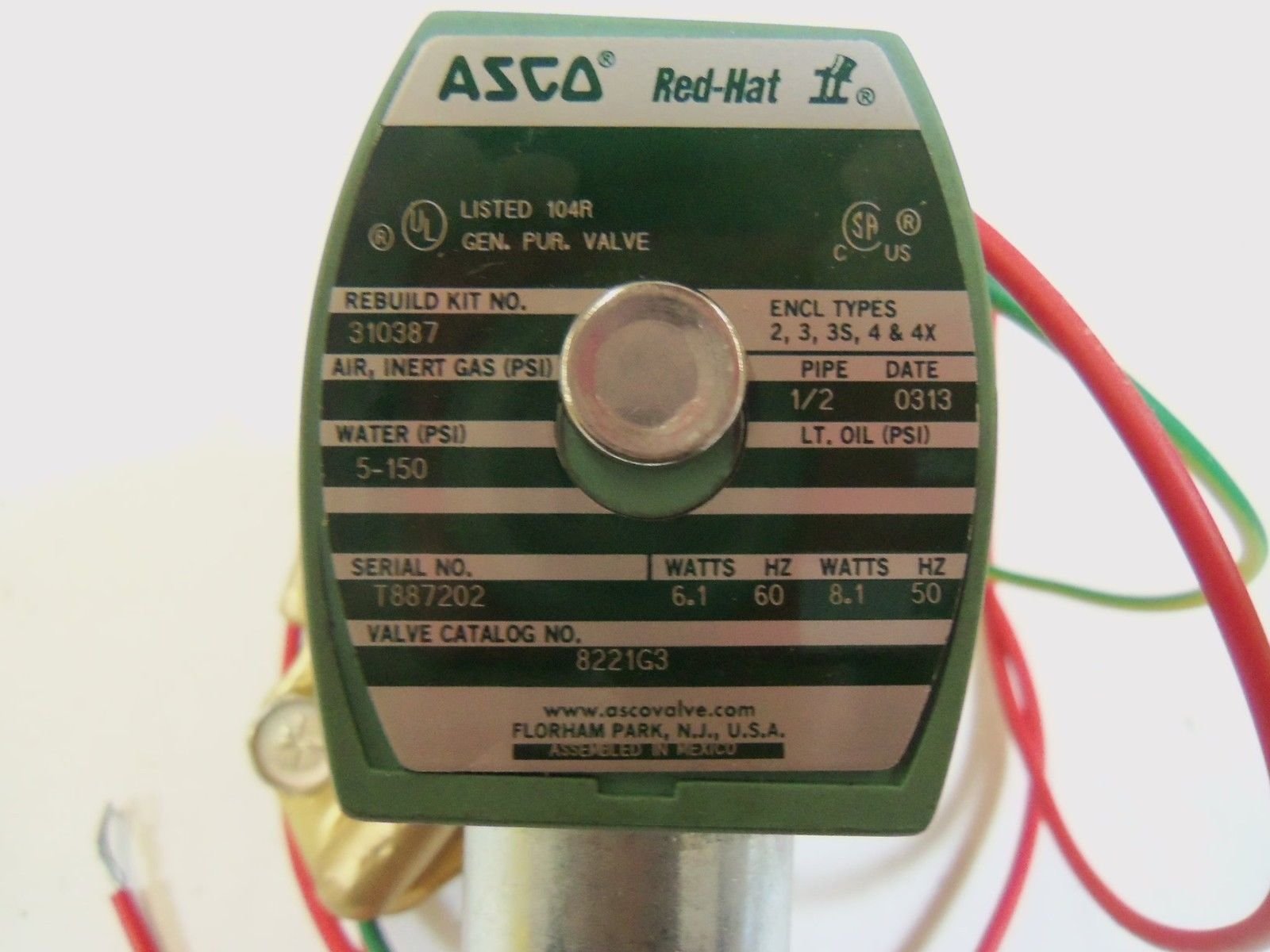 Asco 8221G3 Solenoid Valve 1/2 Inch NC Slow Close 5-150 PSI Water 120V