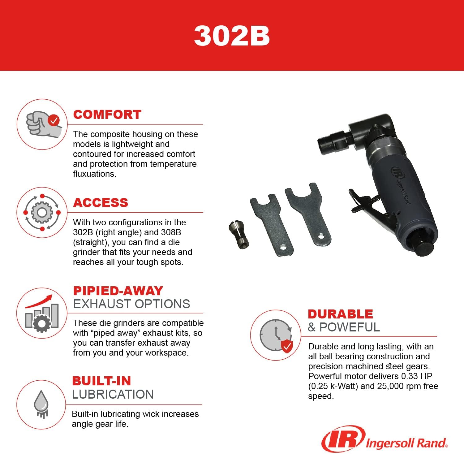 Ingersoll Rand 302B Composite Grip Air Angle Die Grinder 20000 RPM Pneumatic