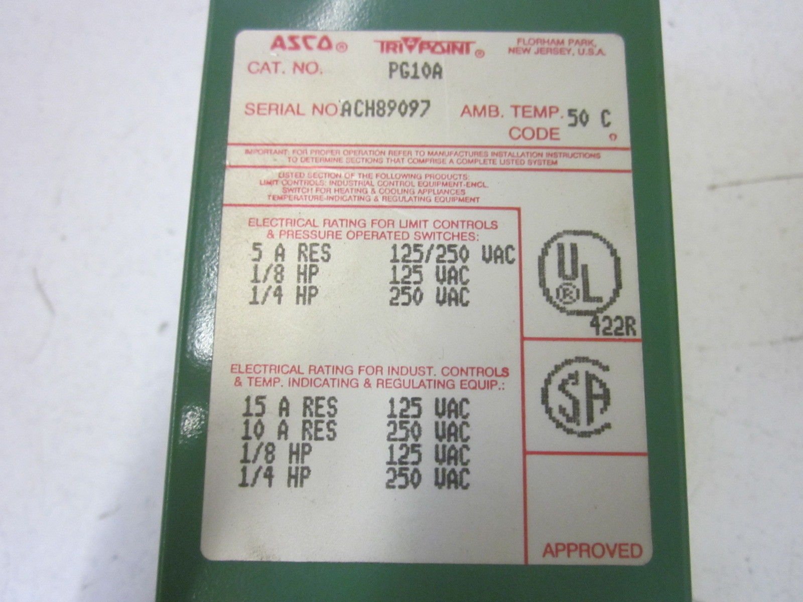 ASCO PG10A Limited Adjustable Deadband Temperature Switch General Purpose