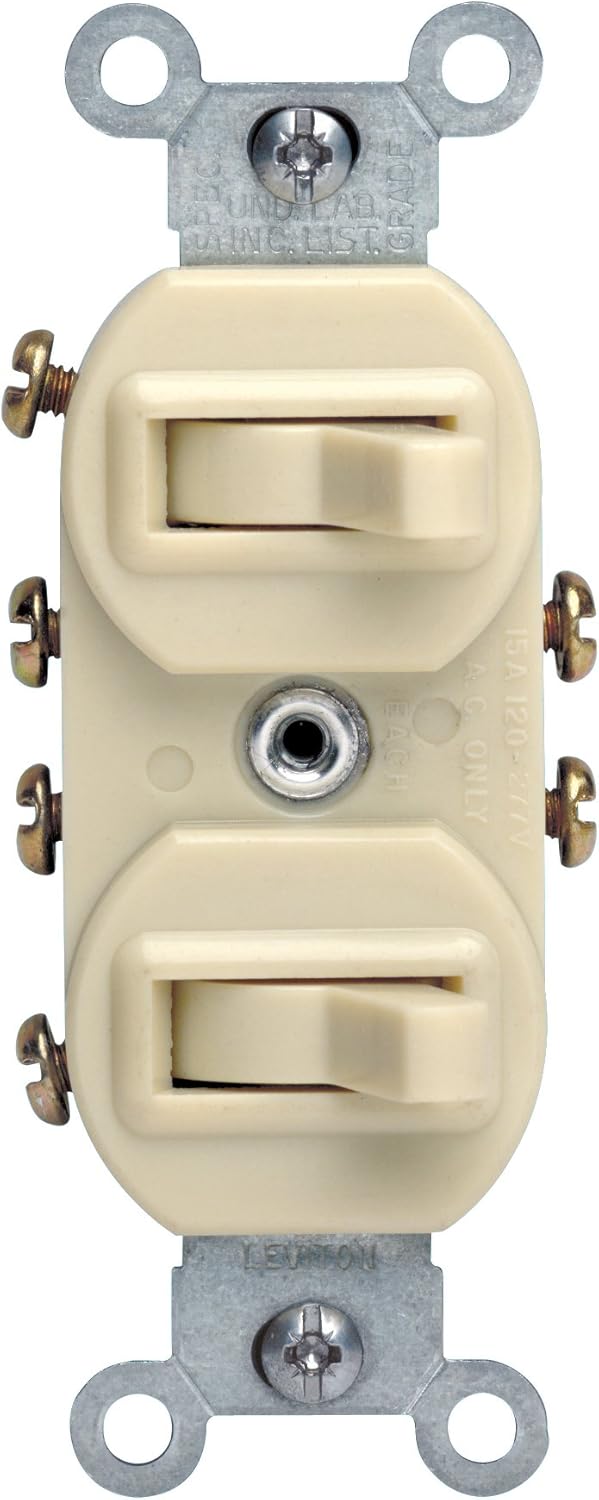 Leviton 5243-I 15 Amp, 120/277 Volt, Duplex Style Two 3-Way Combination Switch, Commercial Grade, Ivory