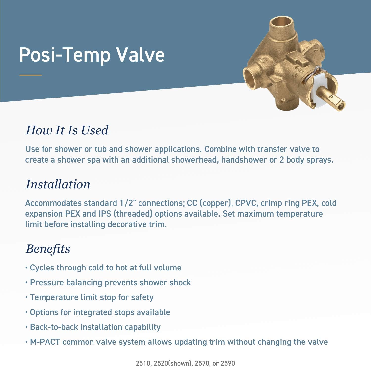 Moen 2580 Posi-Temp Pressure Balancing Shower Valve, 0.5 Inch Crimp Ring PEX Connection