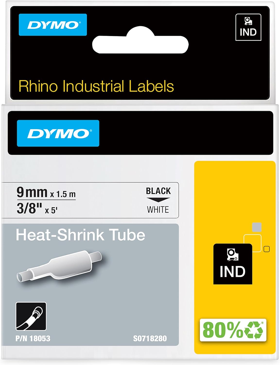 Dymo 18053 Rhino Heat Shrink Tube Label 3/8 5, Black on White