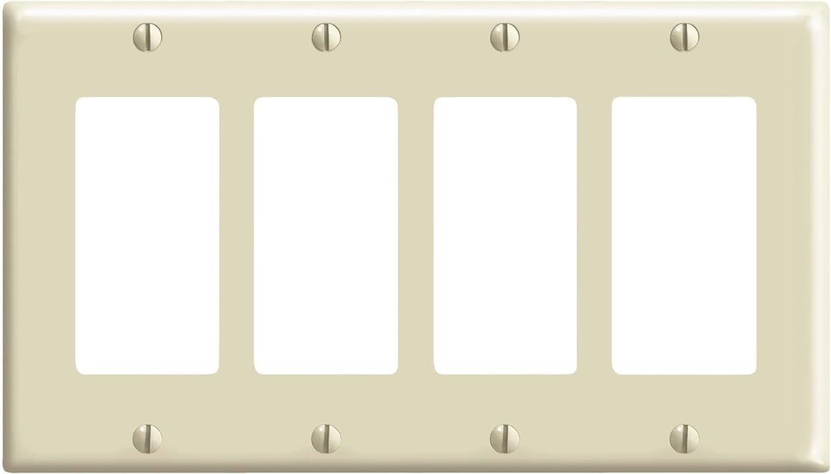 Leviton 80412-I 4-Gang Decora Wallplate, Standard Size, Thermoset, Device Mount, Ivory