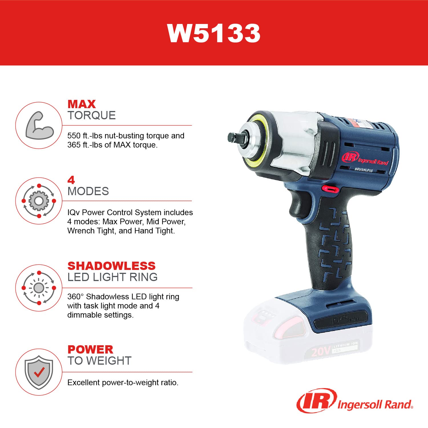 Ingersoll Rand W5133 IQV20 Series Cordless Impact Wrench 3/8 inch Drive 20V DC 2,100 RPM Bare Tool Only