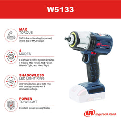 Ingersoll Rand W5133 IQV20 Series Cordless Impact Wrench 3/8 inch Drive 20V DC 2,100 RPM Bare Tool Only