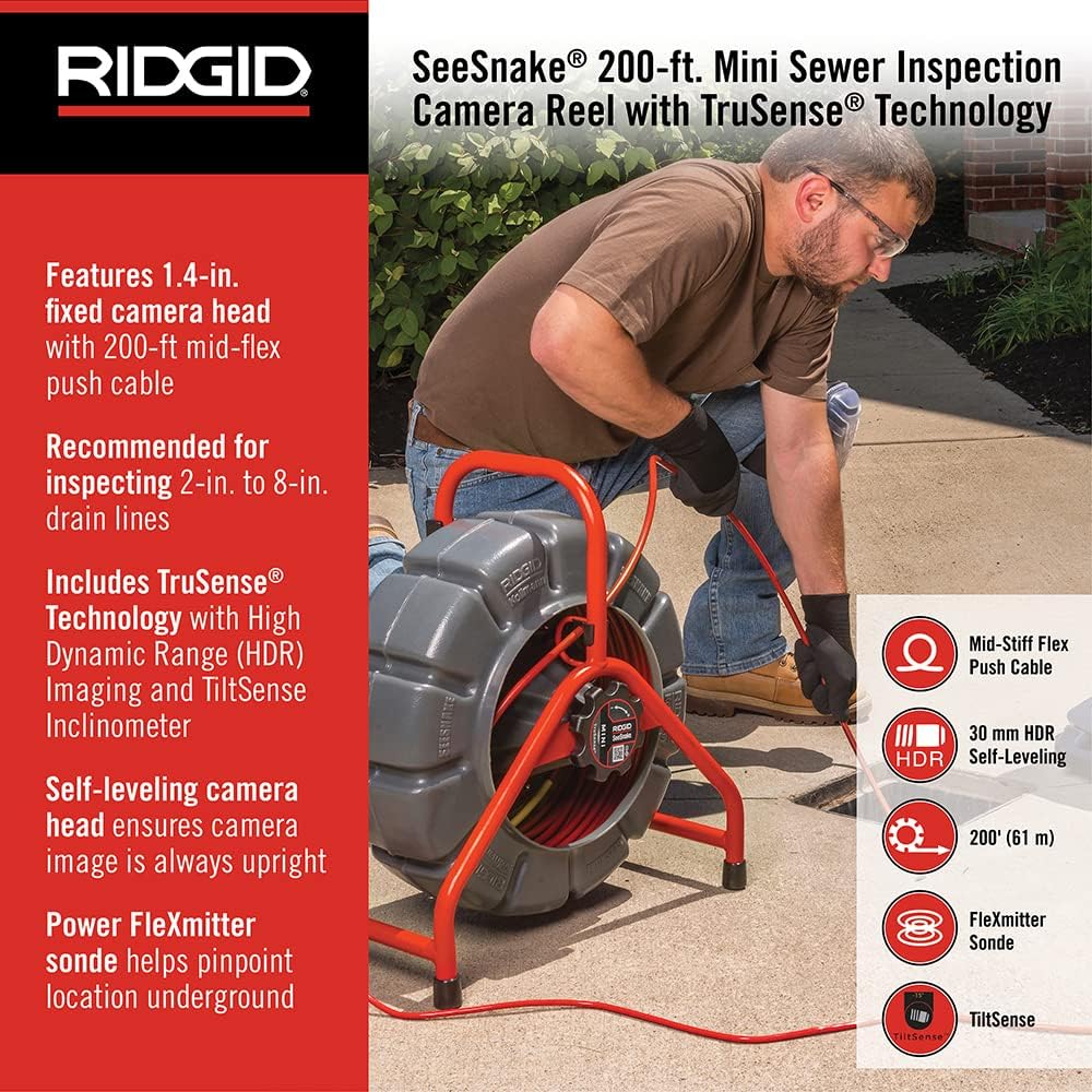 RIDGID 63628 200' Mini SeeSnake Self Leveling TruSense Sewer Camera Reel