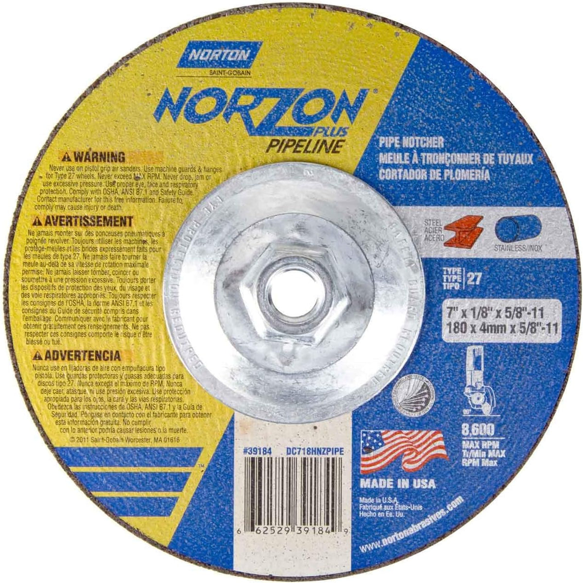 Norton 66252939184 NorZon Plus SGZ CA Cut-Off Wheels 7x1/8x5/8-11 In. 30 Grit 10 Pack