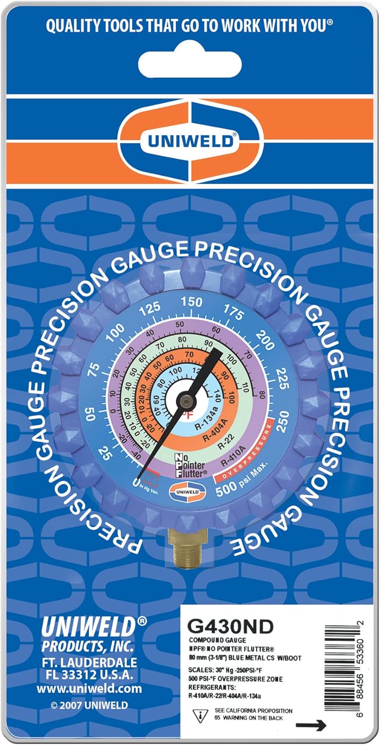 Uniweld G430ND 3-1/8 Blue/Low Pressure Gauge W/Boot (PSI °F) R410A R22 R404A R134A