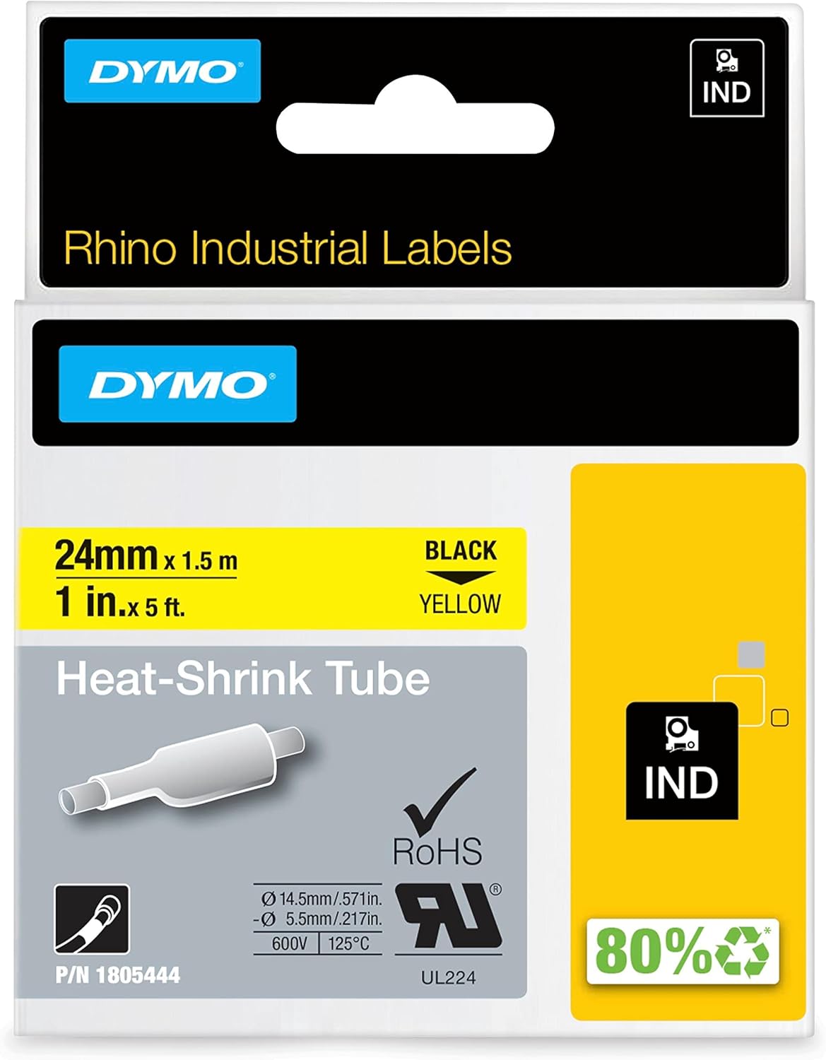 DYMO 1805444 Heat-Shrink Tube Black on Yellow Cable Label 1 Inch x 5 Feet