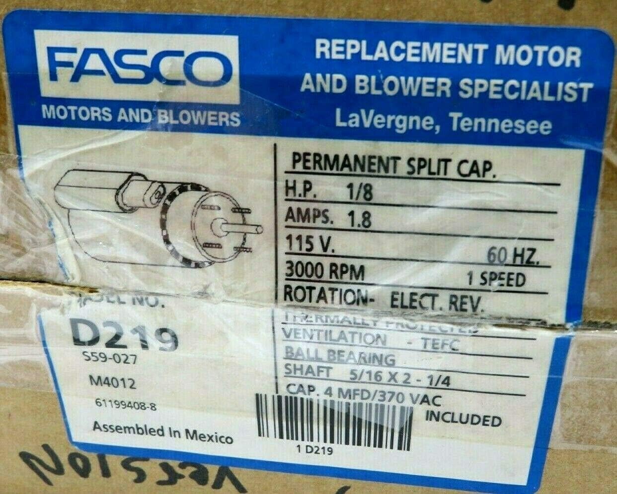 Fasco D219 HVAC Motor 1/8 HP 3000 RPM 115V 3.3 Inch Diameter