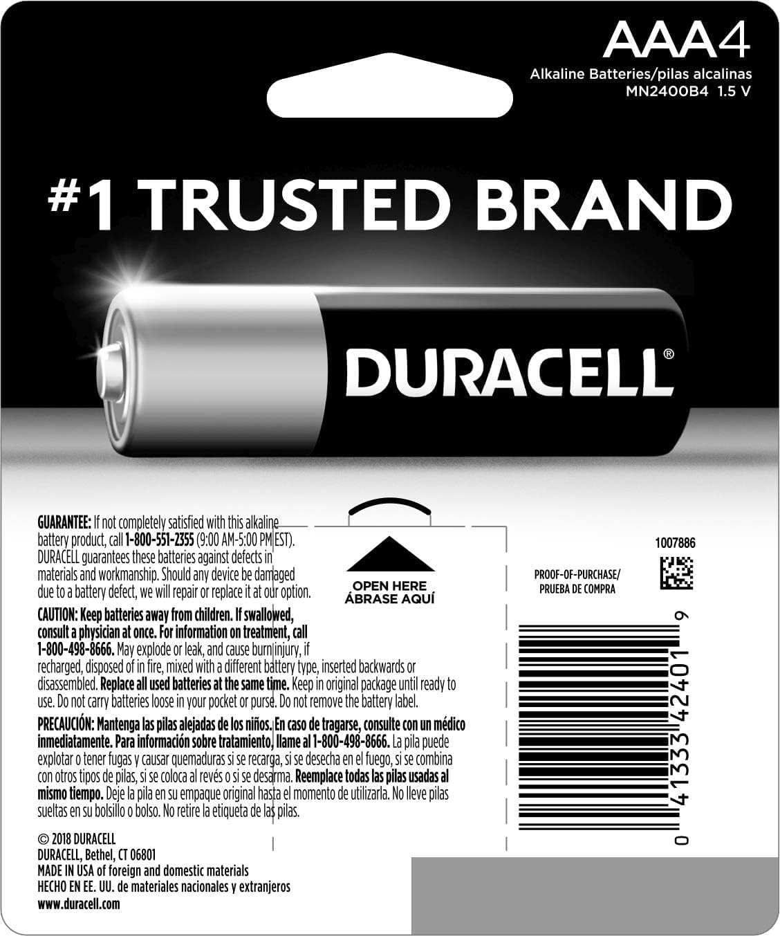 Duracell DURMN2400B4Z Alkaline Battery AAA 1.5V 4-Pack