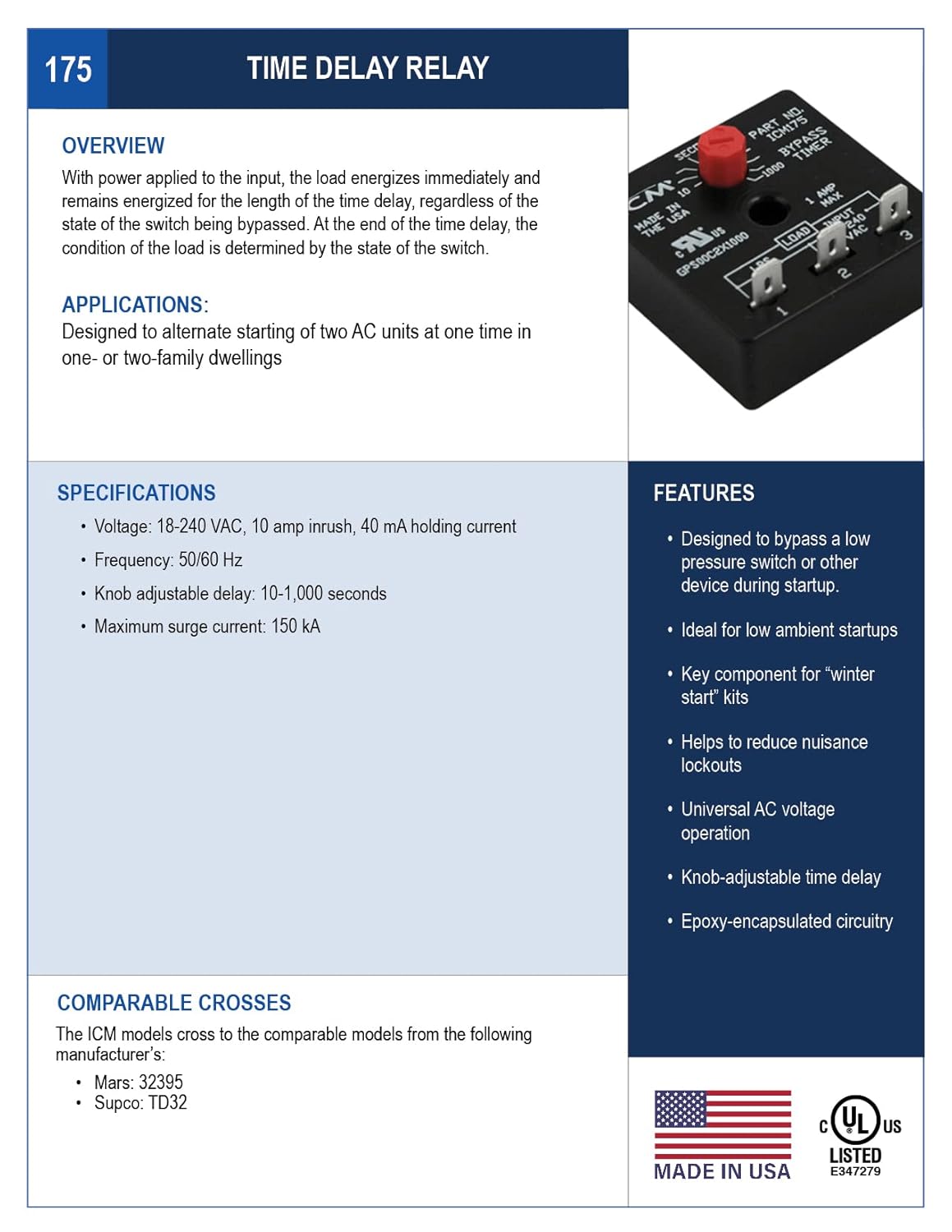 ICM Controls ICM175 Bypass Timer Relay 1000-Second Adjustable