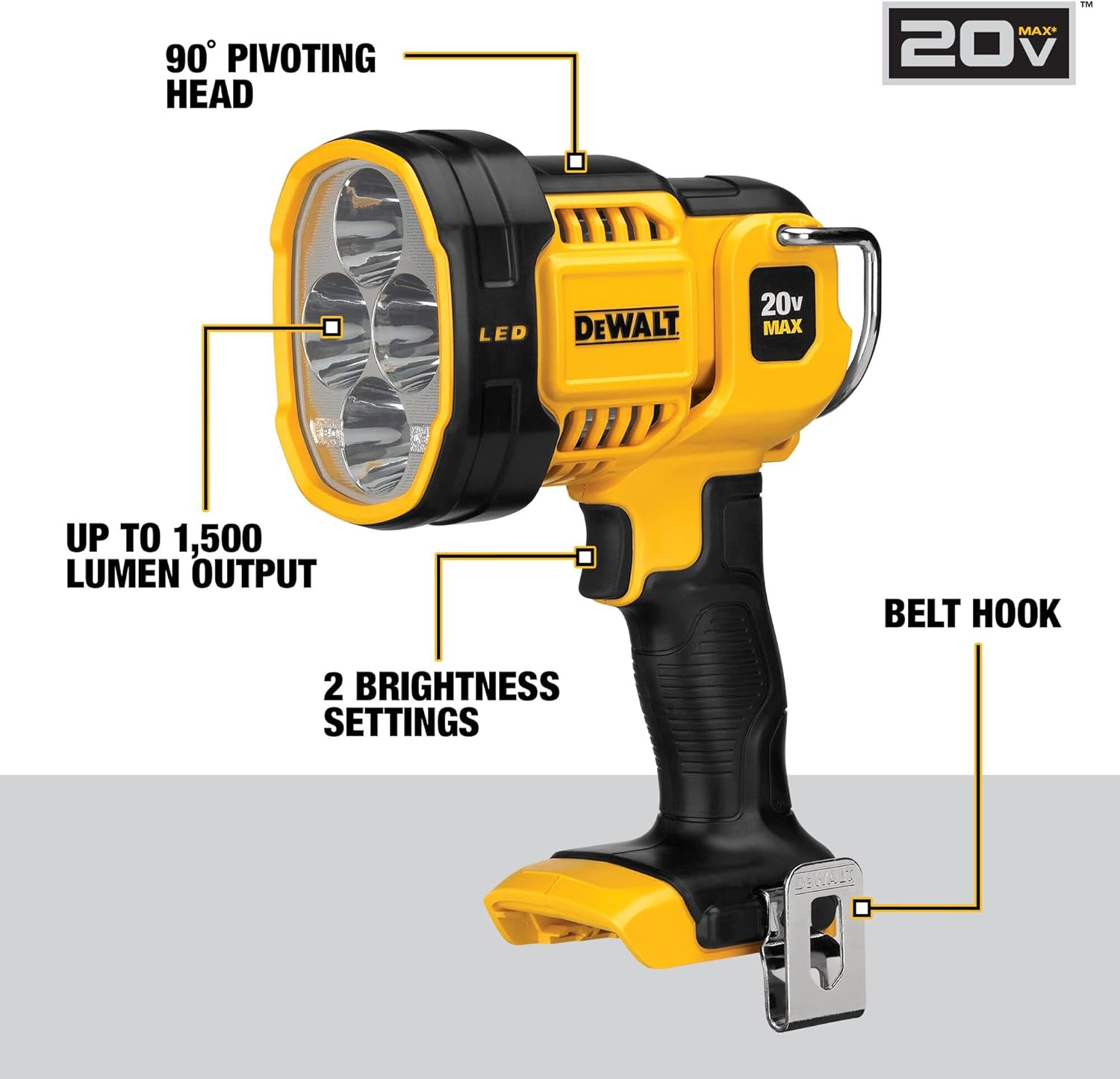 DeWalt DCL043 20V Max Jobsite LED Spotlight 508 Yards 90 Degree Pivoting Head 1500 Lumens Cordless