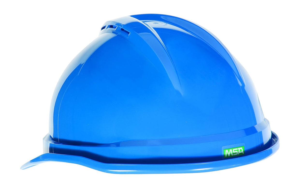 MSA 10034019 V-Gard 500 Cap Style Safety Hard Hat With Fas-Trac III Ratchet Suspension | Polyethylene Shell, Superior Impact Protection, Self Adjusting Crown Straps - Standard Size in Blue