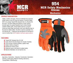 MCR Safety 954L HyperFit Mechanics Work Gloves Synthetic Leather Palm Reflective Logo Large