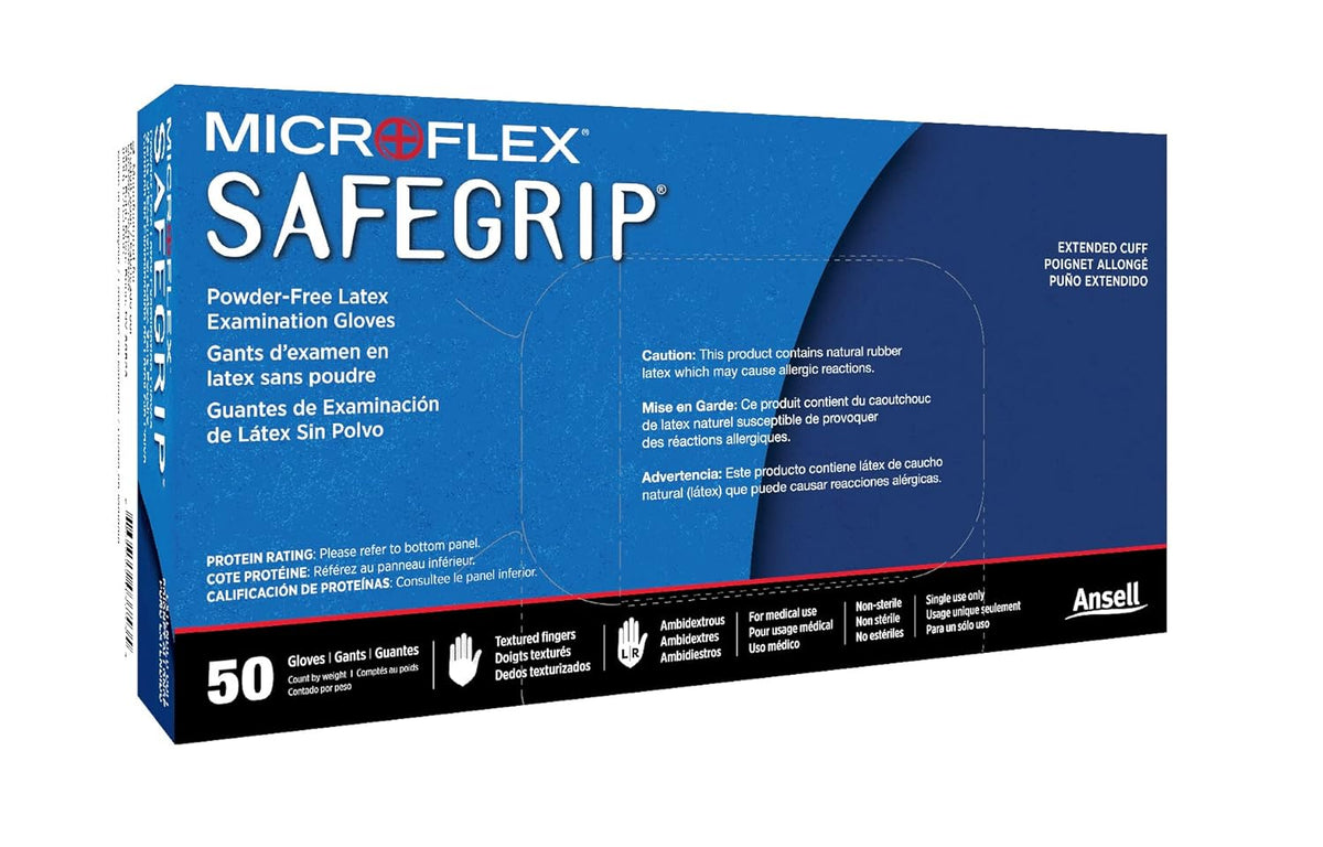 Microflex SG375XL SafeGrip Latex Gloves - Disposable, Extended Cuff, Exam-Grade, Blue, X-Large (Pack of 100)