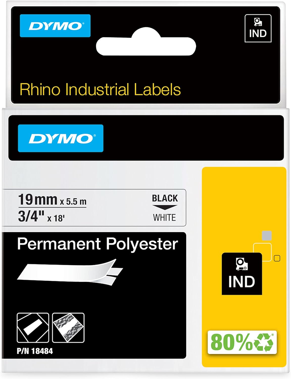 DYMO 18484 Industrial Permanent Labels for LabelWriter and Industrial Label Makers, Black on White, 1/2, 1 Roll