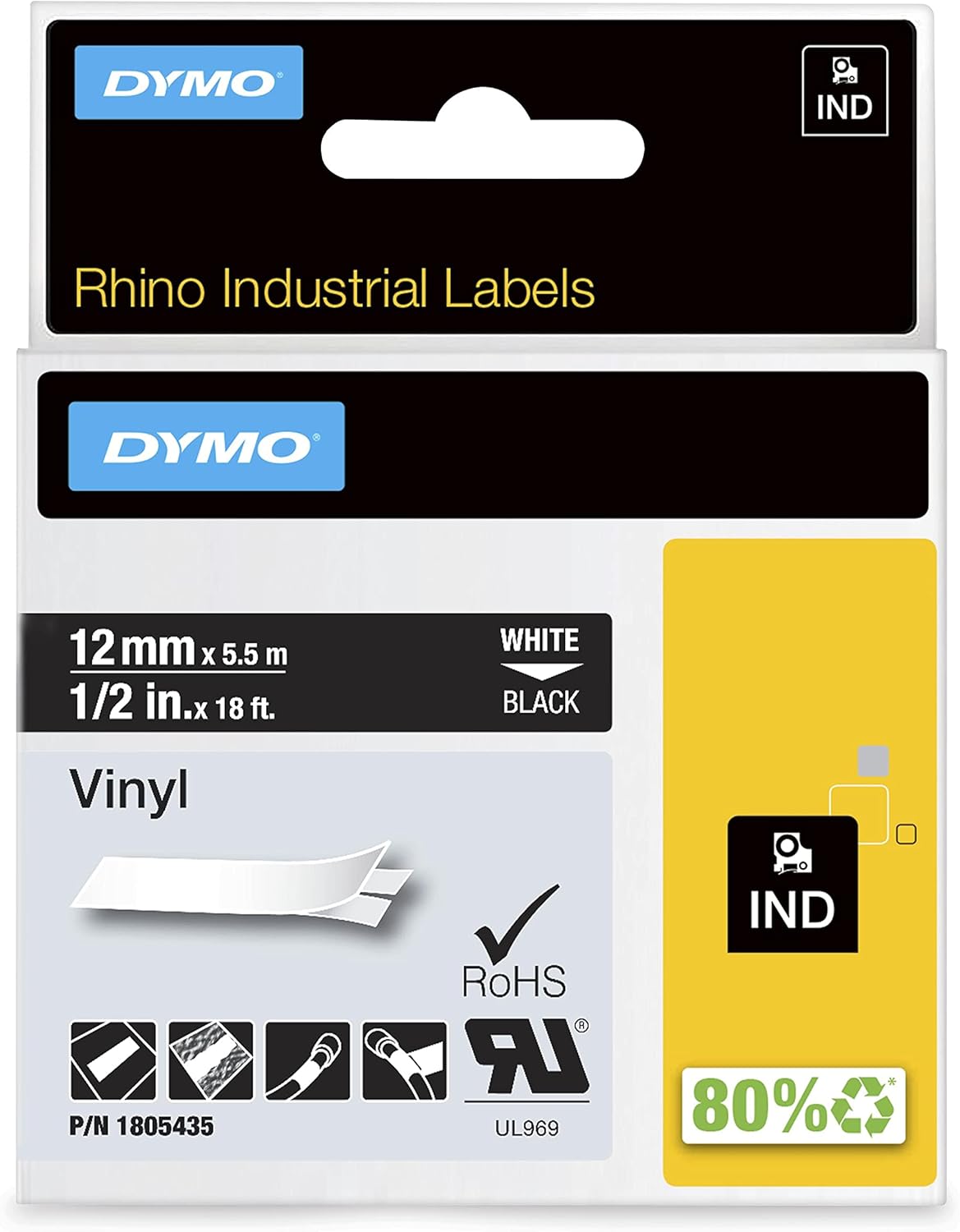 DYMO 1805435 Rhino Black Vinyl Tape, 12mm, White Text