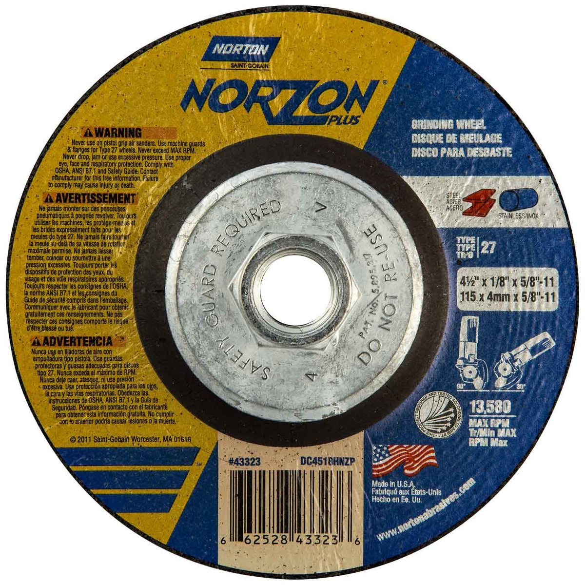 Norton 66252843323 NorZon Plus SGZ CA/ZA Grinding and Cutting Wheels, Type 27, 24 Grit, 10 pack