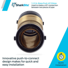 SharkBite UXL0541 Push to Connect Brass Plumbing Fitting 1-1/2 Inch 45 Degree Elbow